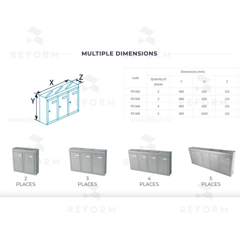 PD945 горизонтальный почтовый ящик, 5 секций серый